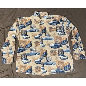North River Outfitters XL Route 66 Classic Car Btn Up Shirt Retro All Over Print